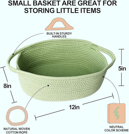 Small Woven Gift Basket, Baskets for Gifts Empty, Cotton Rope Cat Dog Toy Bin Box, Nursery Baby Basket, Wicker Basket with Handles, Shelf Storage Basket for Home Decor, Green, 12"x 8"x 5"