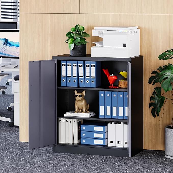 MIIIKO Lockable Storage Cabinet, Small Metal Garage Cabinet with Doors and Shelves, 35.4" Height Base Locker Cabinets 2 Doors