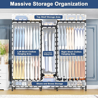 Ulif E12 Clothes Rack，Heavy Duty Freestanding Garment Rack with Shelves，Metal Clothing Closet Storage System for Hanging Clothes，57.1" W x 16" D x 76.5" H, Hold 860 lbs，Black