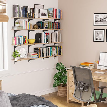Wallniture Turin 60" Long Wall Bookshelf, Floating Shelves for Bookcase, Storage Shelves with Adjustable Standard Rail Bracket System, Burnt Finish