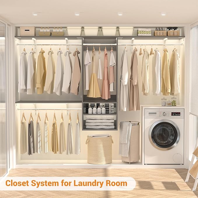 96 Inch Hanging Closet System, 8 FT Closet Organizer System with Hanging Rod, Walk In Mounted Closet System, Built-In Clothes Garment Rack with 3 Shelving Towers(Can Be Cut To Fit), Gray