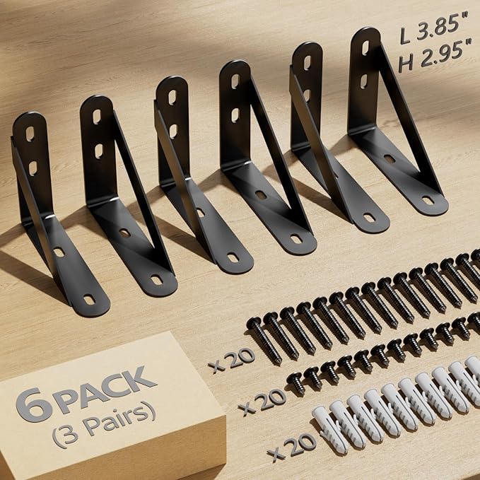 4x3 Shelf Brackets 6-Pack, Shelf Support Shelf Holder Steel Wall Mount Heavy Duty Small L Shape Triangle 90 Degree Metal Black with Screws Anchors Soporte de Estante
