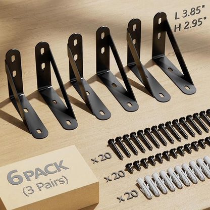 4x3 Shelf Brackets 6-Pack, Shelf Support Shelf Holder Steel Wall Mount Heavy Duty Small L Shape Triangle 90 Degree Metal Black with Screws Anchors Soporte de Estante