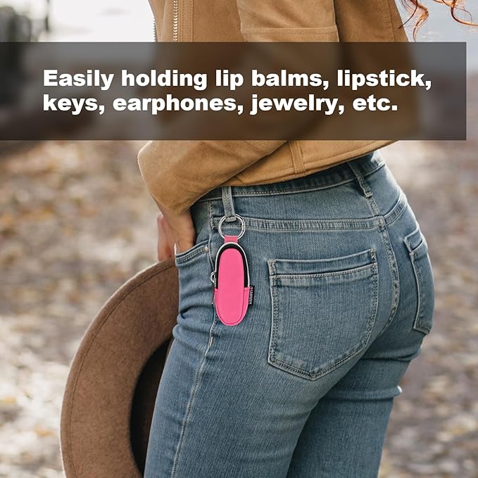 Homakover Portable Lip Balm Organizer Case with Keychain, Travel Chapstick Holder Storage Bag, Waterproof Small Cosmetic Organizer, Anti-Lost Lipstick Lip Gloss Sleeve Pouch Keeper Case (Pink, Small)