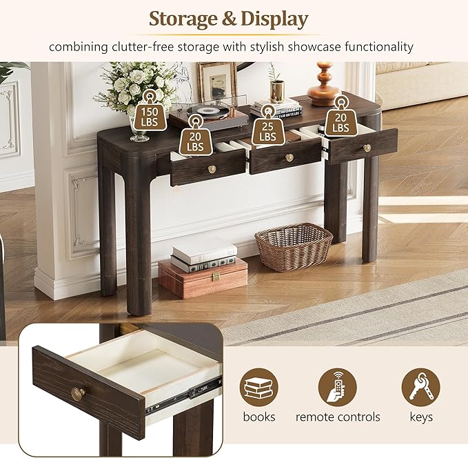 52" Rustic Console Table with Curved Corners for Safety,Entryway Table with 3 Concealed Drawers,Sturdy Sofa Table with Thick Legs for Hallway & Living Room,Espresso