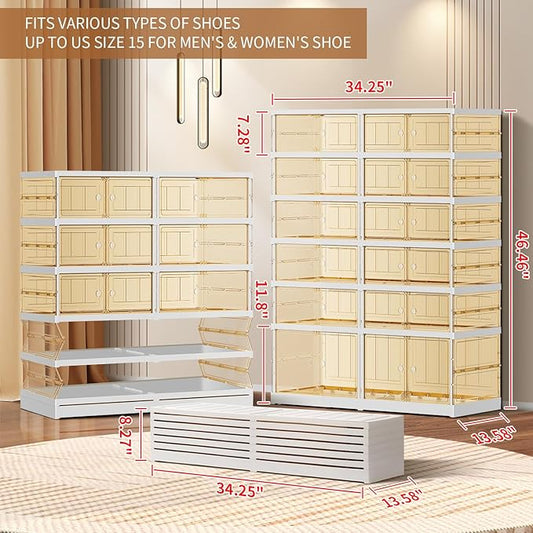 6-Tier Foldable Shoe Rack for Closet Entryway 12-24Pairs,Stackable Clear Shoe Storage Boxes Organizer with Door Plastic Shoe Cabinet Bins with Lids Shoes Shelf Easy Assembly Large