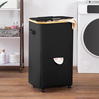 Laundry Basket with Wheels, Tall Dirty Clothes Hamper on Wheels, Rolling Laundry Hamper with lid for Dorm, Bedroom and Bathroom (Black, 100L)