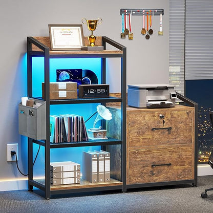 SEDETA 35.4” File Cabinet, Filing Cabinet fits Letter/A4 Size, 2 Drawe File Cabinets for Home Office with Power Strip, LED Lights, Lock, Open Shelf, Rustic Brown
