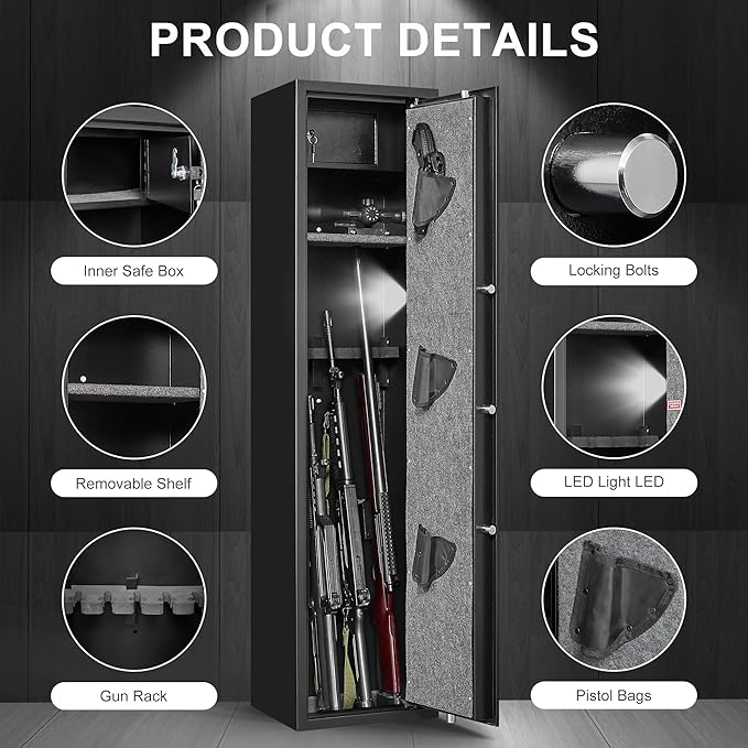Marcree Biometric Rifle Gun Safe, Quick Access 5-Gun Cabinet with Lock Box, Fingerprint Long Gun Safe for Home Office, Gun Safes for Rifles and Shotguns, Large Shotgun Safes with 3 Pistol Bags