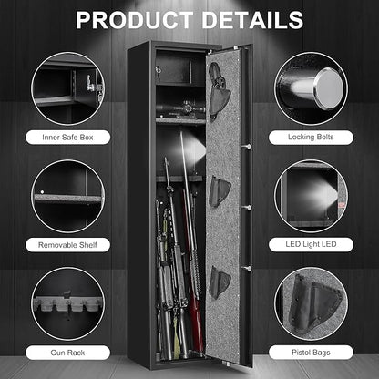 Marcree Biometric Rifle Gun Safe, Quick Access 5-Gun Cabinet with Lock Box, Fingerprint Long Gun Safe for Home Office, Gun Safes for Rifles and Shotguns, Large Shotgun Safes with 3 Pistol Bags