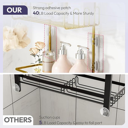 SWTYMIKI Bathroom Shower Caddy Hanging - 3 Tier Rustproof Over Shower Head Organizer, No Drilling Bathroom Shelf with 16 Hooks & Soap Holder, Anti-Swing Rack for Shampoo,Sponge,Towel, Gold
