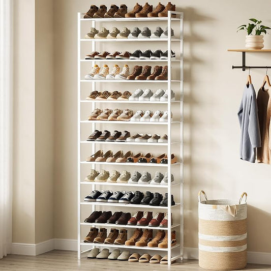 Shoe Rack for Closet, Metal Shoe Organizer,12 Tier Garage Shoe Rack Max Holds 60 Pairs,Shoe Storage Shelf,Entryway, White