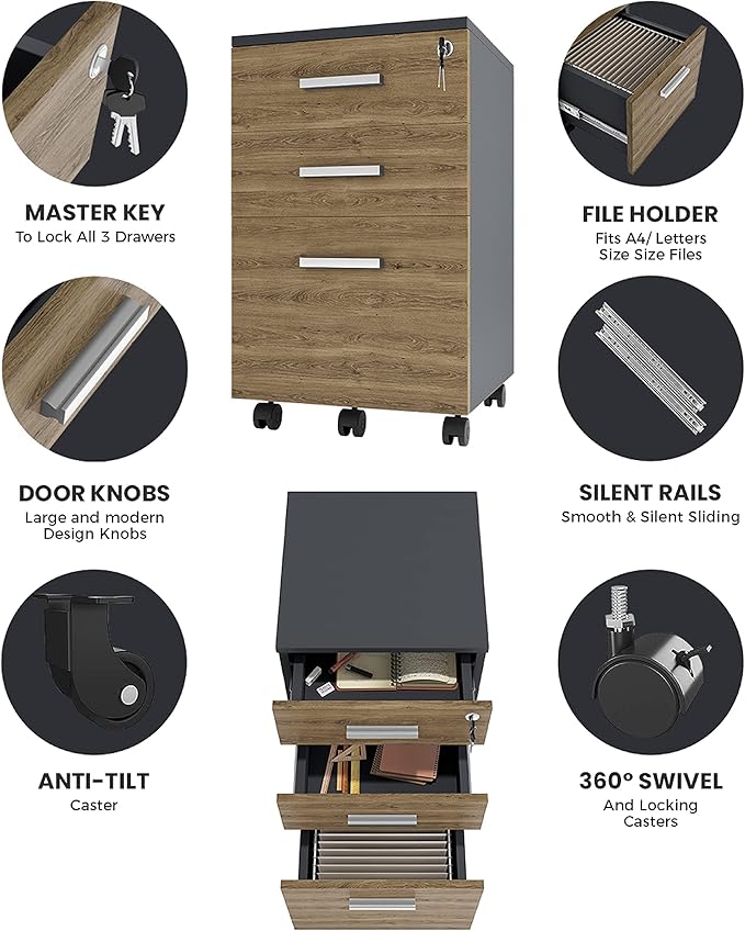 Modern Design Lazio File Cabinet, Filing Cabinets for Home Office, Drawers for Under Desk, Locking 3 Drawer Rolling Wood Filing Cabinet with Lock, Walnut and Black, by Crafts and Comfort