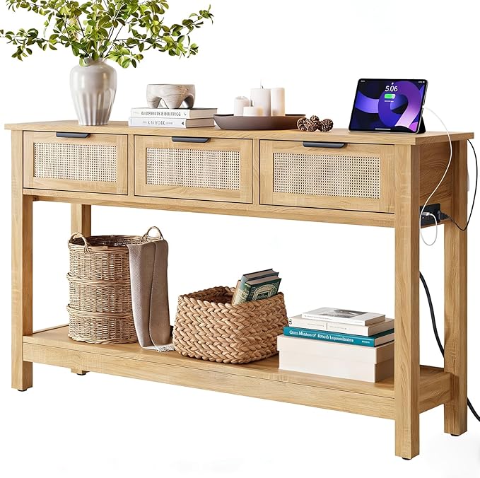 Luoxiao 47" Console Table with Charging Station & USB-C, Slim Entryway Table with 3 Rattan Drawers, Narrow Sofa Table Behind Couch for Living Room, Hallway, Foyer, Modern Wood Entry Table, Natural