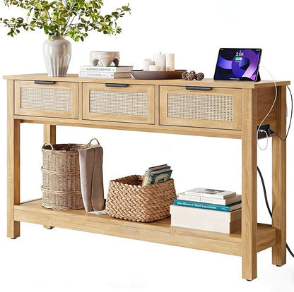 Luoxiao 47" Console Table with Charging Station & USB-C, Slim Entryway Table with 3 Rattan Drawers, Narrow Sofa Table Behind Couch for Living Room, Hallway, Foyer, Modern Wood Entry Table, Natural