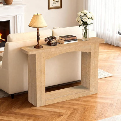51 Inch Entryway Table U-Shaped Extension, 1.6 Inch Thick Desktop Wooden Console Table with Socket Farmhouse Sofa Table for Entrance, Hallway, Living Room,Behind Couch((Oak Brown)
