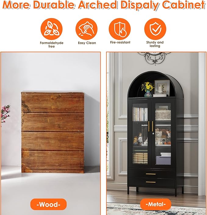73'' Black Tall Arched Bookcase Cabinet with Glass Doors, Metal Arched Pantry Cabinet with 2 Drawers for Home Kitchen Office,Required Assembly