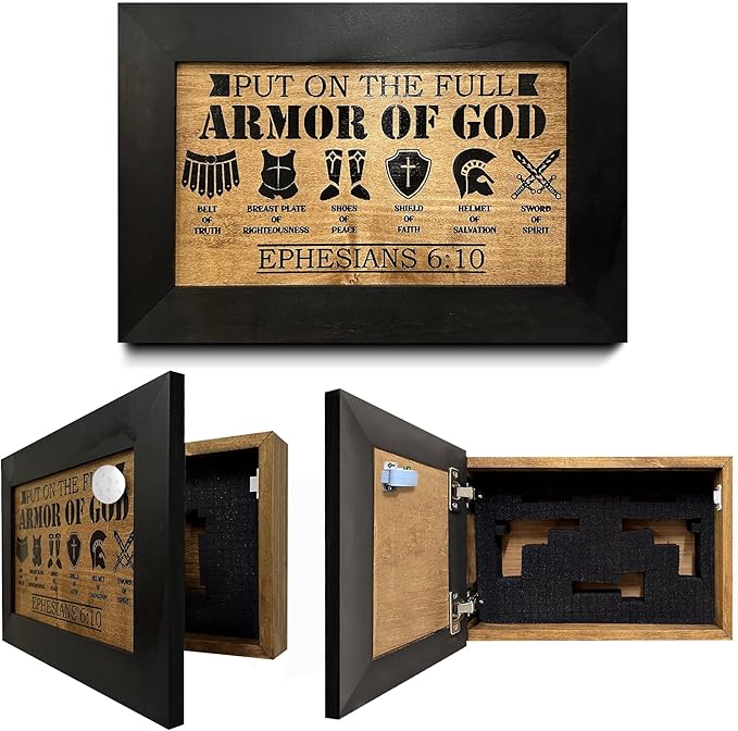 Full Armor of God Wall Gun Safe - Religious Hidden Gun Safe - Handcrafted Concealment Furniture for Guns - Quick Access Firearm Storage with Magnetic Lock - Hidden Shelf Safe by Bellewood Designs