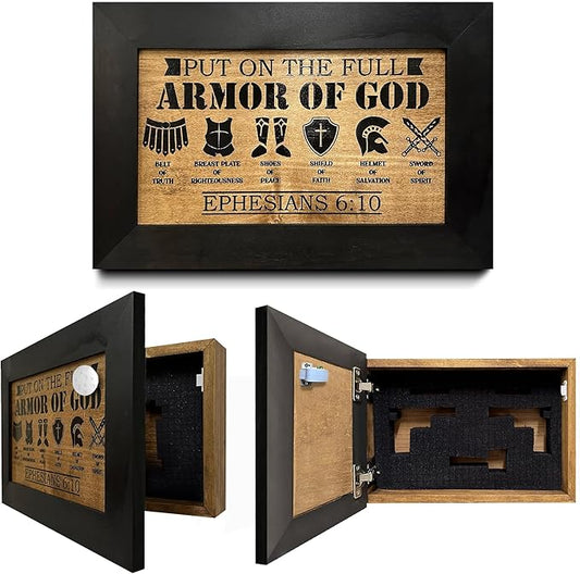 Full Armor of God Wall Gun Safe - Religious Hidden Gun Safe - Handcrafted Concealment Furniture for Guns - Quick Access Firearm Storage with Magnetic Lock - Hidden Shelf Safe by Bellewood Designs