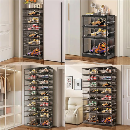 3 Tiers 6-12 Pairs Foldable Shoe Rack for Closet Plastic Stackable Shoe Boxes for Garage Collapsible Shoes Shelf with Doors Storage Organizer Cabinet Quick Assembly,Black