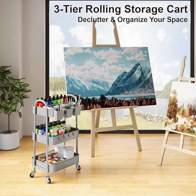 3 Tier Gray Metal Rolling Cart, Mesh Storage Cart with Handle and Lockable Wheels, Multifunctional Three Tiered Utility Organizer Carts for Kitchen, Office, Bathroom, Craft, Art, Snack, Baby Supplies