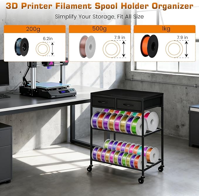 3D Printer Filament Storage Shelf with Drawers& Wheels, Black 2-Tier 3D Printer Filament Metal Stand with Storage, Adjustable Filaments Organzied Rack for Workshop Studio Office, 4 Leveling Feet