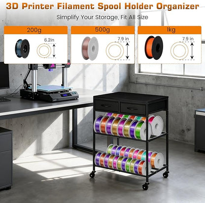 3D Printer Filament Storage Shelf with Drawers& Wheels, Black 2-Tier 3D Printer Filament Metal Stand with Storage, Adjustable Filaments Organzied Rack for Workshop Studio Office, 4 Leveling Feet