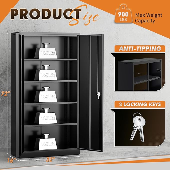 INTERGREAT Metal Storage Cabinet with Shelves, 72" Locking Steel Cabinets with 2 Door and 4 Adjustable Shelves, Tall Metal Cabinet for Home Office, Garage, Warehouse,Black