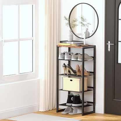 Narrow 5-Tier Shoe Rack, Slim Space-Saving Shelf with Decorative Wood Top & Steel Mesh, Entryway/Closet/Dorm Organizer, 16.5x11.8x36 Inches