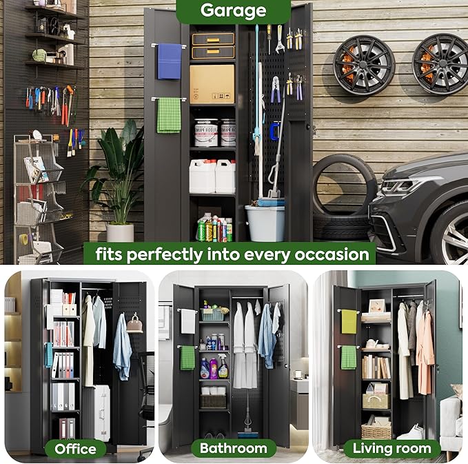 Metal Broom Closet Storage Cabinet, Garage Storage Cabinet with 5 Pegboard, Hanging Rod &13 Hooks for Garage Home,Black,Required Assembly,71.5" H x 31.5" W x 15.75" D