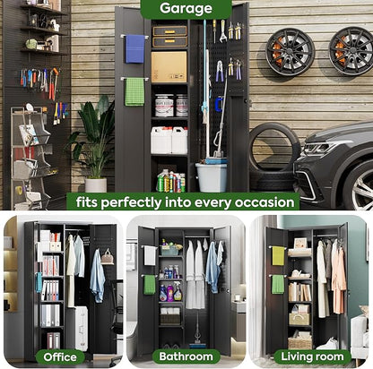 Metal Broom Closet Storage Cabinet, Garage Storage Cabinet with 5 Pegboard, Hanging Rod &13 Hooks for Garage Home,Black,Required Assembly,71.5" H x 31.5" W x 15.75" D