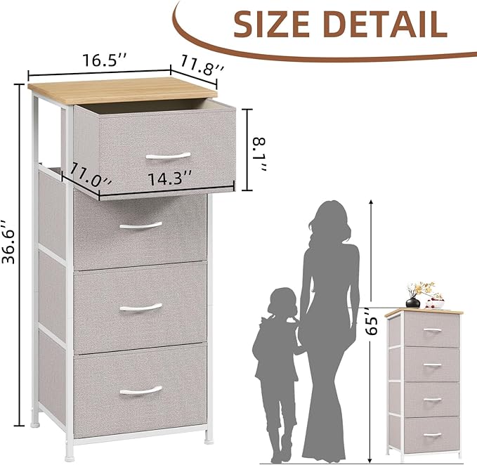 Somdot Dresser for Bedroom with 4 Drawers, Storage Organizer Chest of Drawers with Removable Fabric Bins for Closet Bedside Living Room Laundry Entryway Hallway, Ash Grey