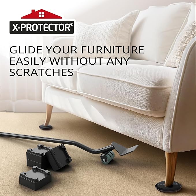 X-Protector Furniture Sliders for Carpet & Furniture Lifter Tool Set - 4 PCS 3 1/2" Sliders for Furniture with Foldable Furniture Jack. Move Your Furniture Easily with Furniture Movers for Carpets!