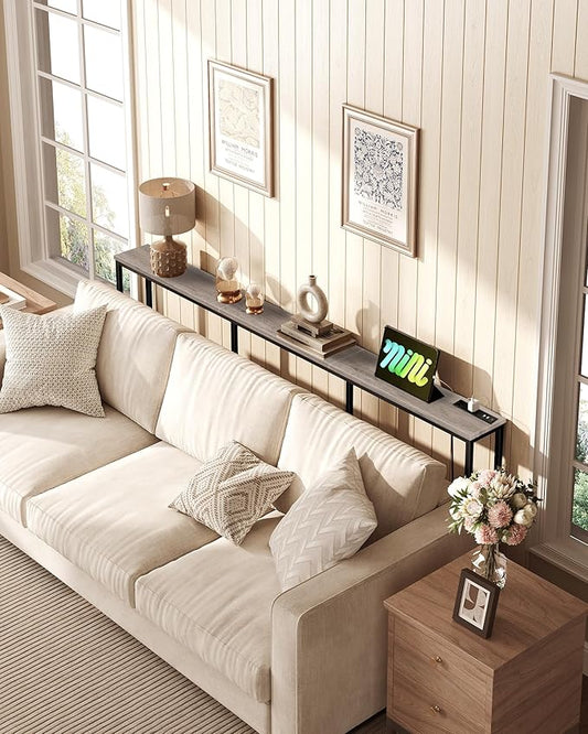 78.7" Narrow Console Table with Power Outlet 7.1" Skinny Sofa Table, Long Behind Couch with Charging Station for Hallway, Living Room Greige and Black TXG20UBG