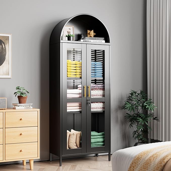 Metal Arched Display Cabinet with 3 Lights,Lockable Arch Cabinet with Glass Doors and 2 Adjustable Shelf for Home Office,Assembly Required,Black