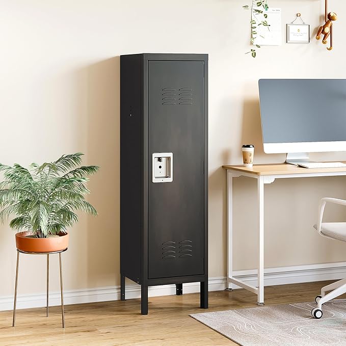 Metal Storage Locker, Lockable Employees Metal Locker with Door, 55" Height Steel Locker for Home, School, Office, Gym (Retro Black)