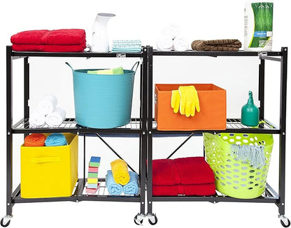 Origami 2 Pack 3 Tier Folding Shelves, Storage Shelving Rack Unit with Wheels, Pewter