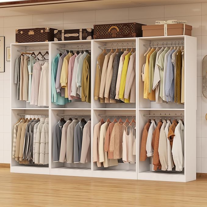 Closet System, 8FT Closet Organizer System Small Wood Walk-in Closet Freestanding System Corner Closets Shelf Storage with 12 Hanging Rods, Modular Closet Systems White (8FT)