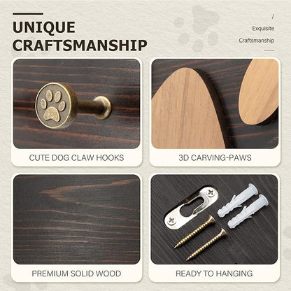 MTERSN Farmhouse Key Holder for Wall - Decorative Dog Leash Hanger Wall Mounted and Coat Rack with 6 Unique 3D Pet Claw Hooks - Dog Accessories Organizer for Rustic Home Decor (Dark Brown)