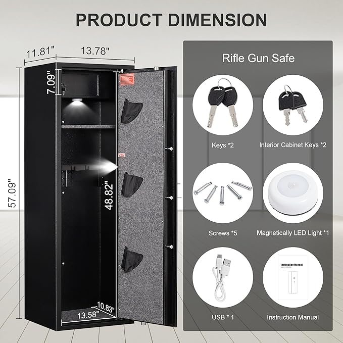 5 Gun Safe Rifle, Long Gun Cabinet for Home Rifle and Pistols, Gun Locker & Cabinets with Drawer and Removable Shelf, Cabinet with Alarm System, Rifle Safe with LED Light