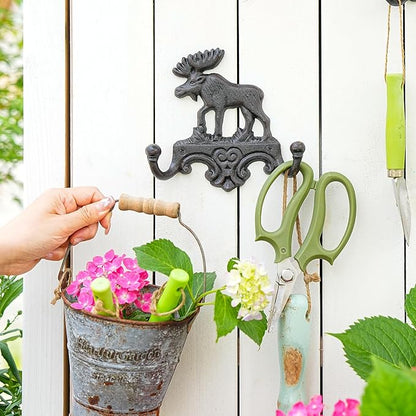Sungmor Cast Iron Moose Wall Hook - Rustic Animal Coat Hanger for Cabin, Lodge, or Farmhouse Decor - Heavy Duty Double Hooks for Keys, Hats, Towels - Vintage Antler Wall Mount Hanger