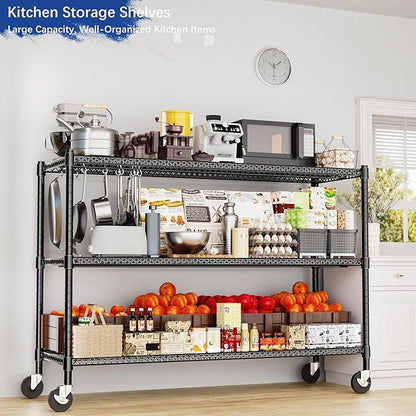 Heavy Duty Shelving, 51.6" H Garage Shelving Unit with Wheels, 3-Tier Garage Storage Shelves Metal Shelves Rack, Adjustable Industrial Shelving for Warehouse Storage, 60" W x 24" D x 51.6" H, Black