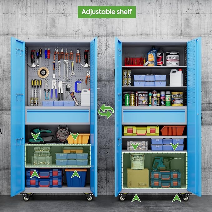 71" H Metal Garage Storage Cabinet with Wheels and Doors,Rolling Tool Cabinet with Pegboard,Rod and Drawer for Garage Warehouse Home,Required Assembly,Grey and Blue