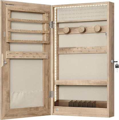 SONGMICS Mirror Jewelry Cabinet Armoire with Built-in LED Lights, Wall or Door Mounted Jewelry Storage Organizer, 3.8 x 14.6 x 26.4 Inches Hanging Mirror Cabinet, Gift Idea, Camel Brown UJJC050N01