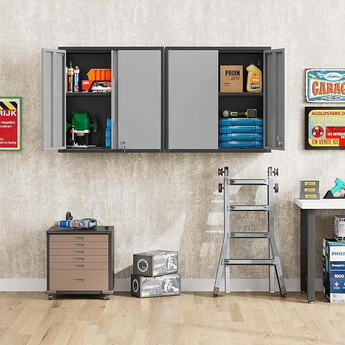 Garage Wall Cabinet, Metal Wall Cabinets with 2 Doors, Wall Cabinet with Lock, 26'' Gray Wall Mounted Floating Tool Cabinets for Home Office, Warehouse, Kitchen, Bathroom, Utility Room
