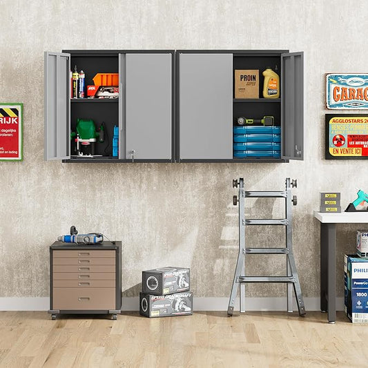 Garage Wall Cabinet, Metal Wall Cabinets with 2 Doors, Wall Cabinet with Lock, 26'' Gray Wall Mounted Floating Tool Cabinets for Home Office, Warehouse, Kitchen, Bathroom, Utility Room