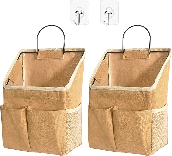 2pcs Wall Hanging Storage Bag,Wall Hanging Organizer Bags with Pockets, Wall Organizer Storage for Dormitory Bathroom Bedroom Kitchen(Dark Khaki)