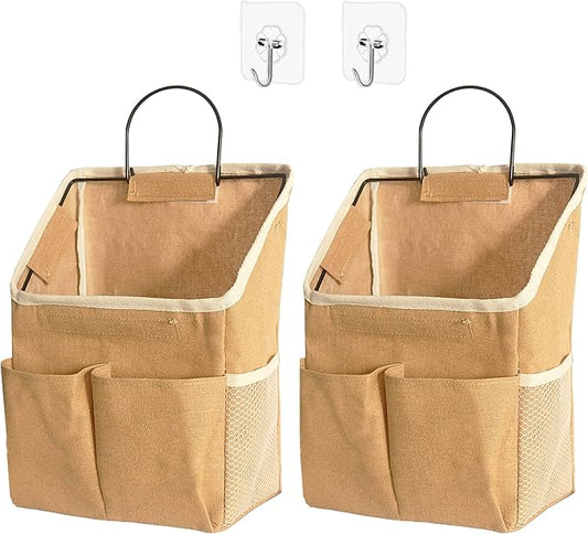 2pcs Wall Hanging Storage Bag,Wall Hanging Organizer Bags with Pockets, Wall Organizer Storage for Dormitory Bathroom Bedroom Kitchen(Dark Khaki)