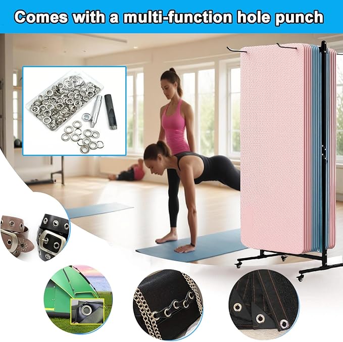 YTLEMON Yoga Mat Holder Hanging, Floor Rolling Yoga Mat cart, Large Capacity Storage Rack, with Includes hole punch, Metal square tube storage shelf for Home Gym, Fitness Club,Yoga Studio (Black)