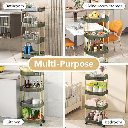 4-Tier Acrylic Rolling Storage Cart, Rolling Utility Cart, Kitchen Cart with Wheels for Bathroom,Living Room, Kithcen, Office Storage and Organization (14''X10''X37'')(Green)
